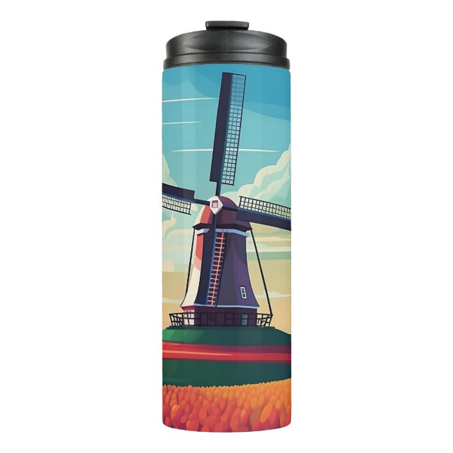 Windmill Tulip Field Netherlands Illustration Thermal Tumbler (Front)