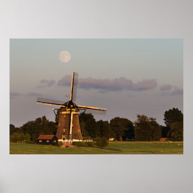 Windmill under a full moon horizontal poster (Front)