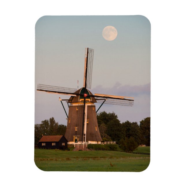 Windmill under a full moon photo magnet (Vertical)