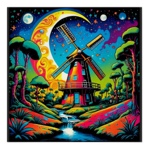 Windmill under starry sky 2 poster