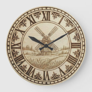 Windmill Wall Clock – Rustic Wood-Burned Style