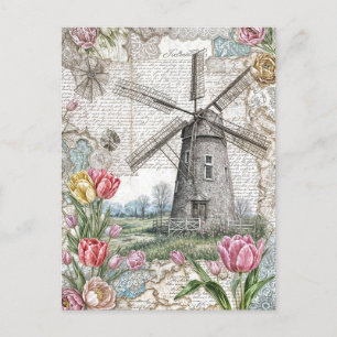 Windmill with Pink Tulips Holiday Postcard