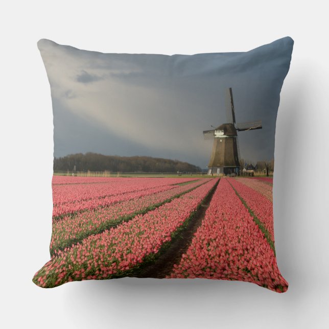 Windmill with pink tulips in spring cushion (Front)