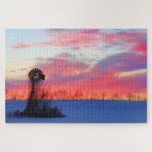 Windmill with Winter Pink Sunrise Jigsaw Puzzle