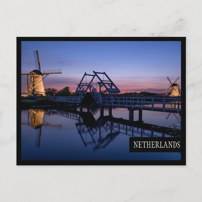Windmills and a drawbridge at sunset edge postcard (Front)