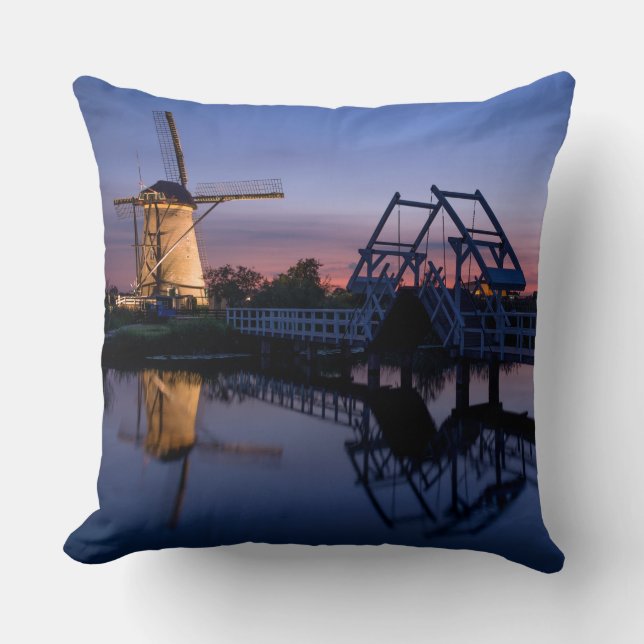 Windmills and a drawbridge at sunset pillow (Front)