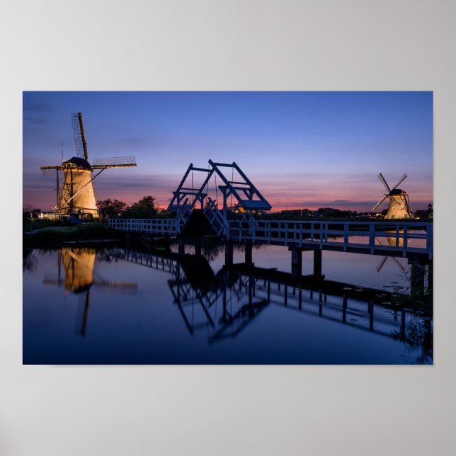 Windmills and a drawbridge at sunset poster (Front)