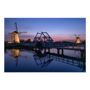 Windmills and a drawbridge at sunset print