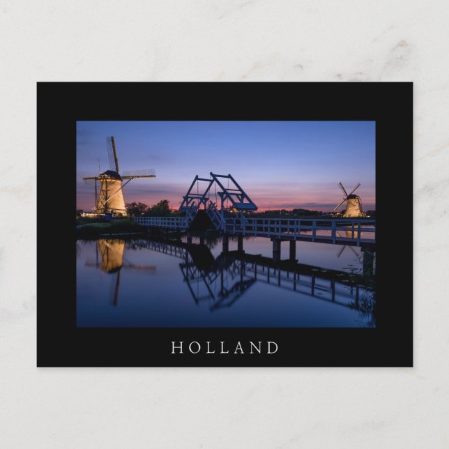 Windmills and drawbridge at sunset black postcard (Front)