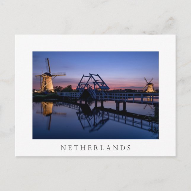 Windmills and drawbridge at sunset white postcard (Front)