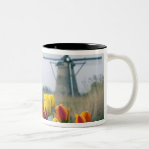 Windmills and tulips along the canal in Two-Tone coffee mug