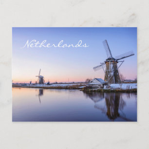 Windmills at a winter sunrise in Holland text card