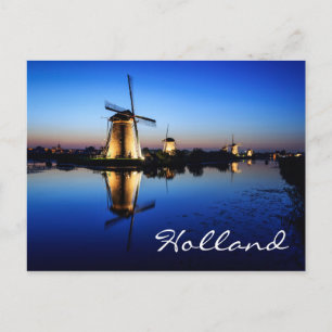 Windmills at Blue Hour in Holland text postcard