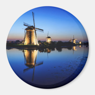 Windmills at Blue Hour round magnet