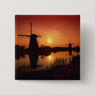 Windmills at sunset, Kinderdijk, Netherlands 15 Cm Square Badge