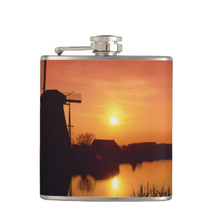 Windmills at sunset, Kinderdijk, Netherlands Hip Flask