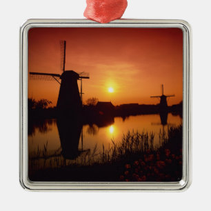 Windmills at sunset, Kinderdijk, Netherlands Metal Tree Decoration