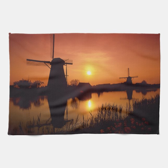 Windmills at sunset, Kinderdijk, Netherlands Tea Towel (Horizontal)