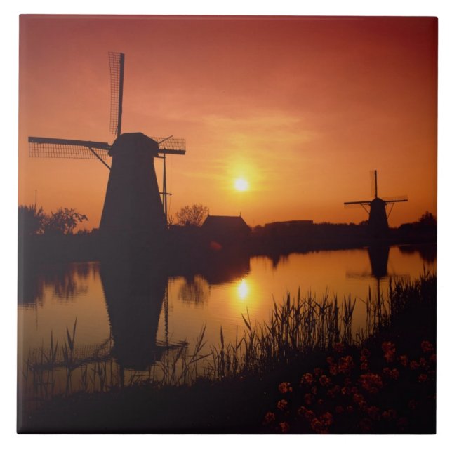 Windmills at sunset, Kinderdijk, Netherlands Tile (Front)