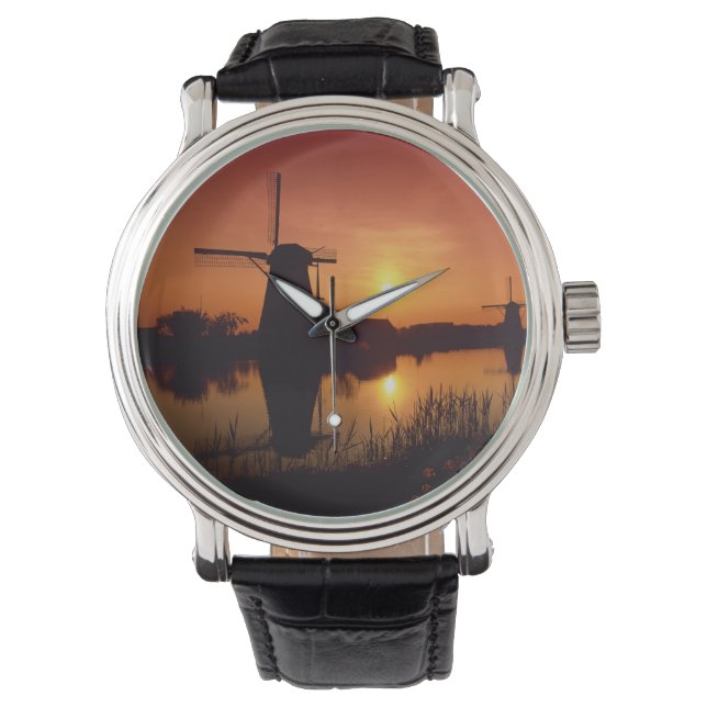 Windmills at sunset, Kinderdijk, Netherlands Watch (Front)