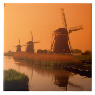 Windmills at sunset, Leidschendam, Netherlands Tile