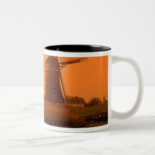 Windmills at sunset, Leidschendam, Netherlands Two-Tone Coffee Mug