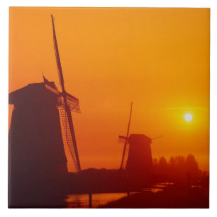 Windmills at sunset, Schermerhorn, Netherlands Tile