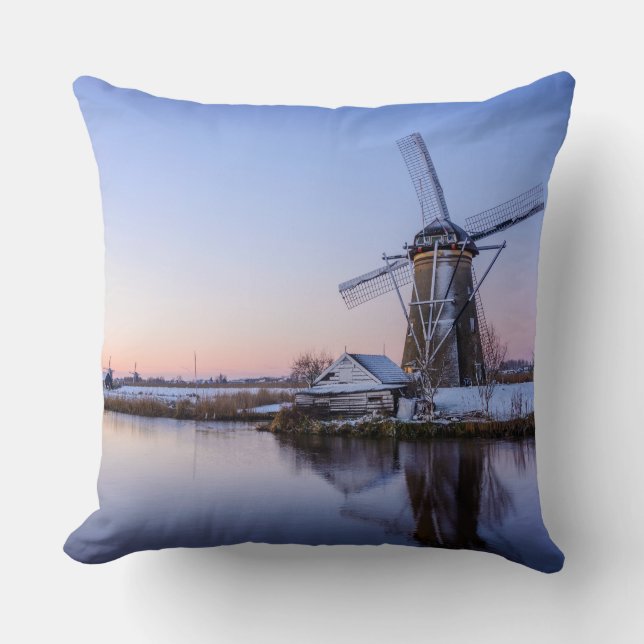 Windmills during a sunrise in Holland throw pillow (Front)