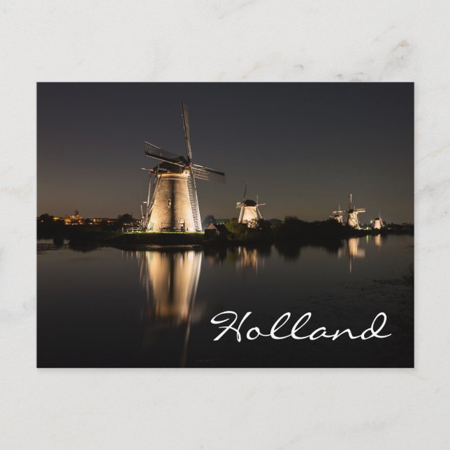 Windmills illuminated at night in Holland postcard (Front)