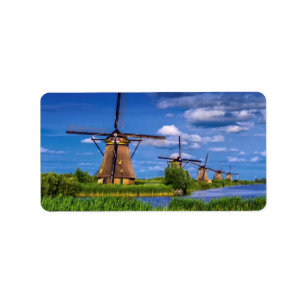 Windmills in Kinderdijk, Holland, Netherlands Label