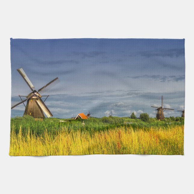 Windmills in Kinderdijk, Holland, Netherlands Tea Towel (Horizontal)