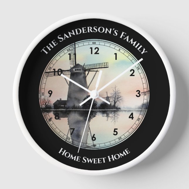Windmills in Kinderdijk Watercolor Painting  Clock (Front)