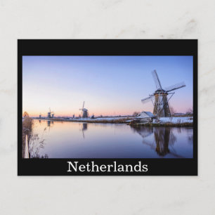 Windmills in winter black text postcard