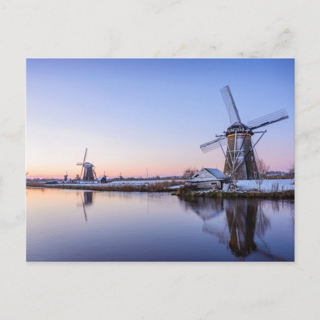 Windmills in winter during a sunrise postcard (Front)