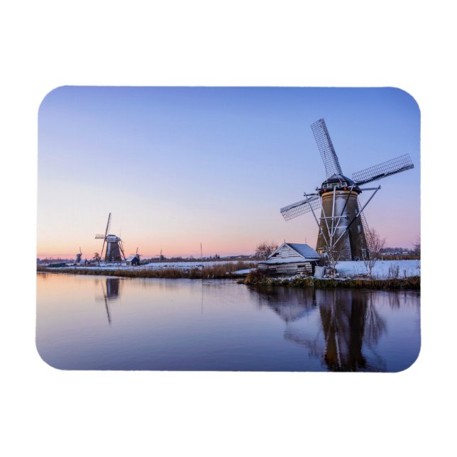 Windmills in winter during a sunrise rectangle magnet (Horizontal)