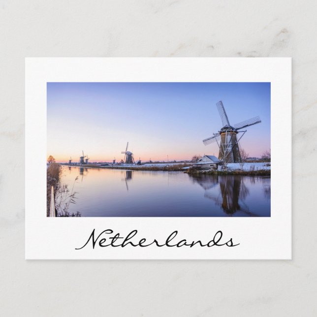Windmills in winter in Holland white text postcard (Front)