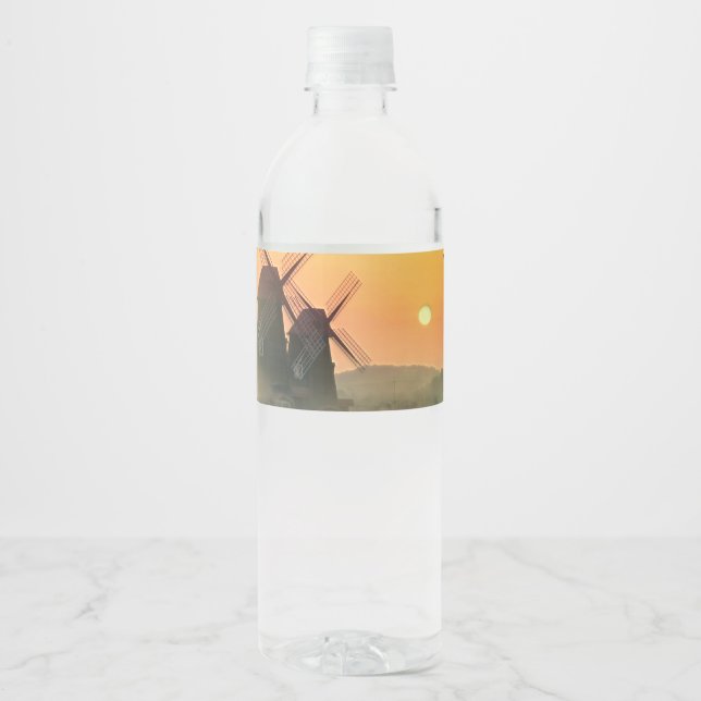 Windmills Mountains and Clouds Water Bottle Label (Front)