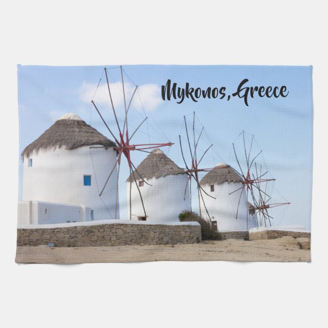 Windmills, Mykonos, Greece Tea Towel (Horizontal)