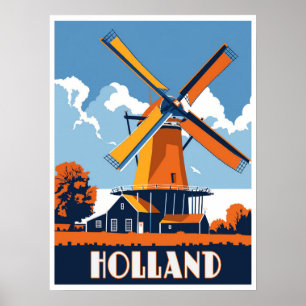 Windmills of Holland - A Vintage Travel  Poster