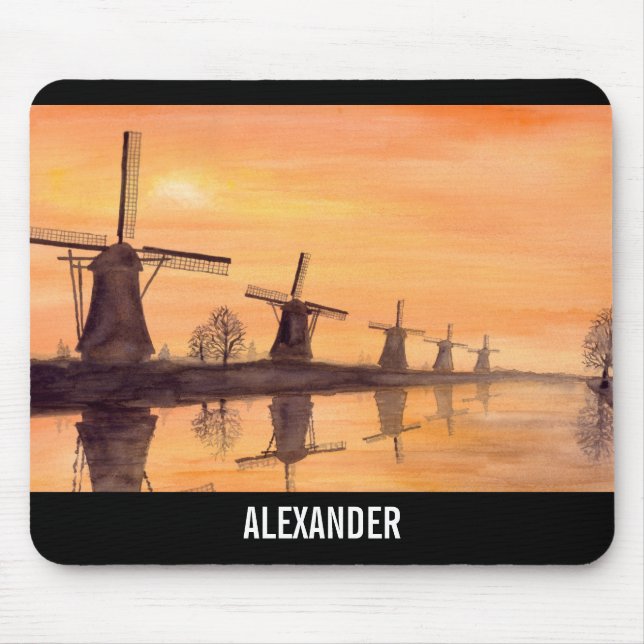 Windmills Sunset Holland Watercolor Painting Mouse Mat (Front)