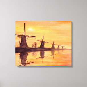 Windmills Sunset Watercolor Painting Canvas Print