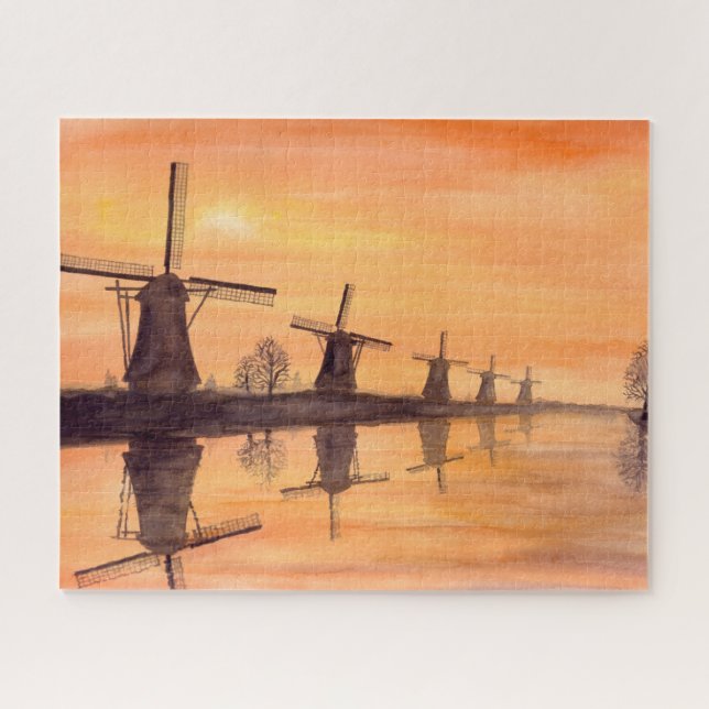 Windmills Sunset Watercolor Painting Jigsaw Puzzle (Horizontal)