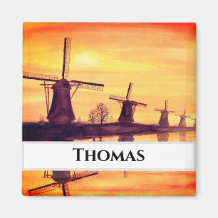 Windmills Sunset - Watercolor Painting Magnet