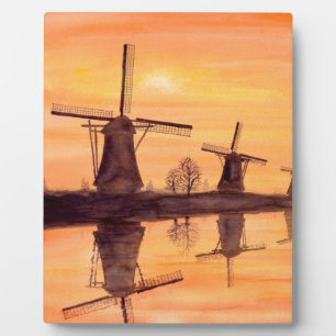 Windmills Sunset - Watercolor Painting Plaque