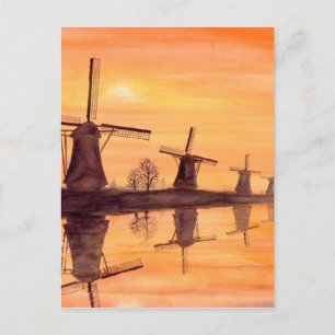Windmills Sunset - Watercolor Painting Postcard