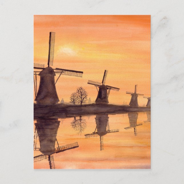 Windmills Sunset - Watercolor Painting Postcard (Front)