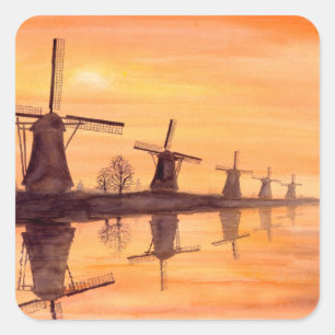 Windmills Sunset - Watercolor Painting Square Sticker