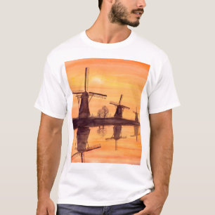 Windmills Sunset - Watercolor Painting T-Shirt