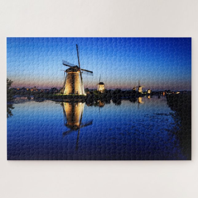 Windmills with water reflection at Blue Hour Jigsaw Puzzle (Horizontal)
