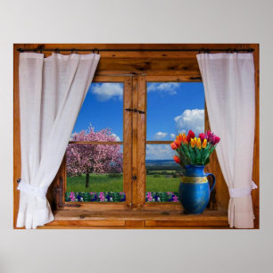 Window Curtains Flowers Landscape Nature Poster